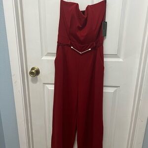 Have Strapless Wine Red Jumpsuit with Gold Bar Detail